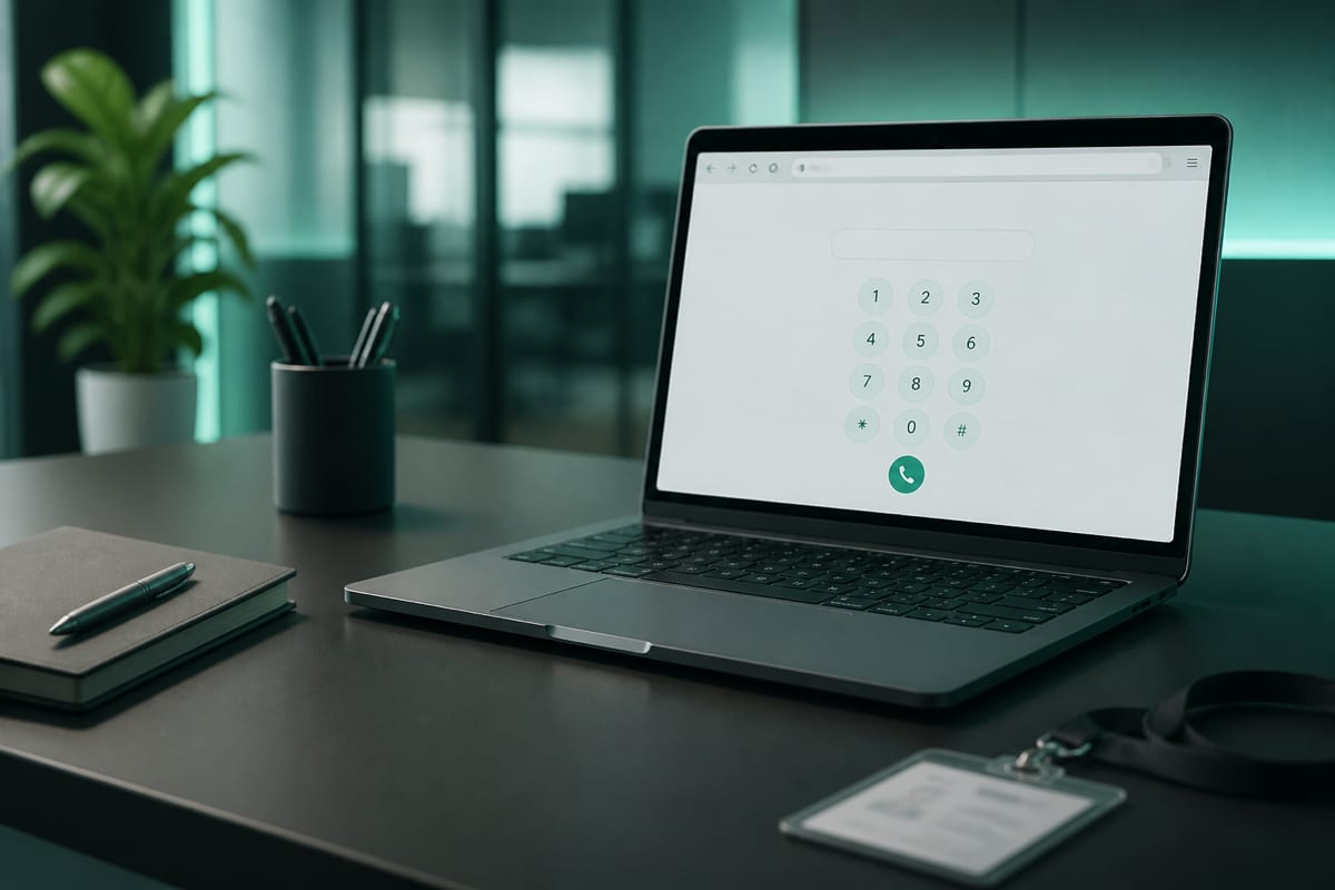 A secure corporate-issued work laptop placing a web-based call directly within a browser tab