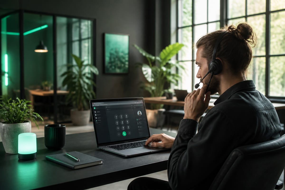 A digital nomad working on a laptop in a tropical coworking space, with a web dialer open on screen
