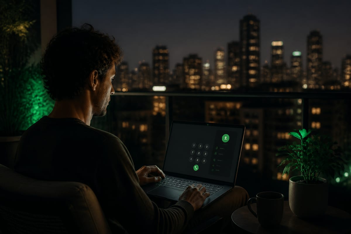 An expat looking out a window in a modern city, holding a laptop with a web dialer open