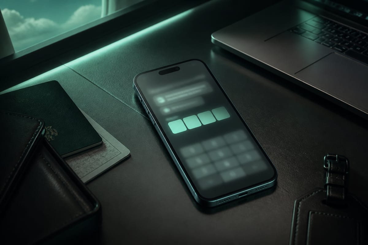 A traveler's passport and suitcase beside a smartphone showing a secure OTP code received via a virtual phone number