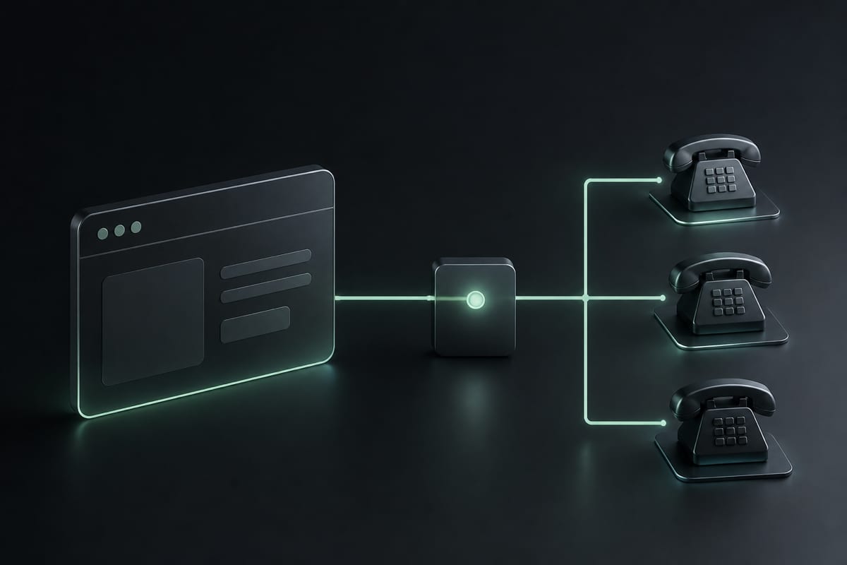 A conceptual diagram showing a laptop browser sending secure voice waves to a cloud bridge, which connects to a traditional landline phone